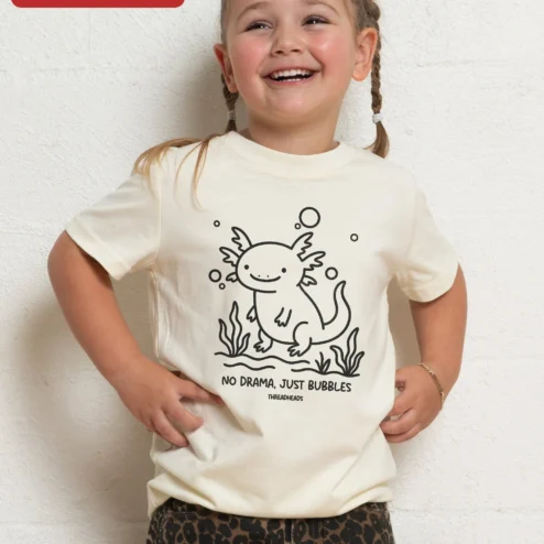 No Drama Just Bubbles Axolotl Graphic Tee Cute Bubble Tea Lover Gift on a hanger, ready to ship from Chicago, Illinois