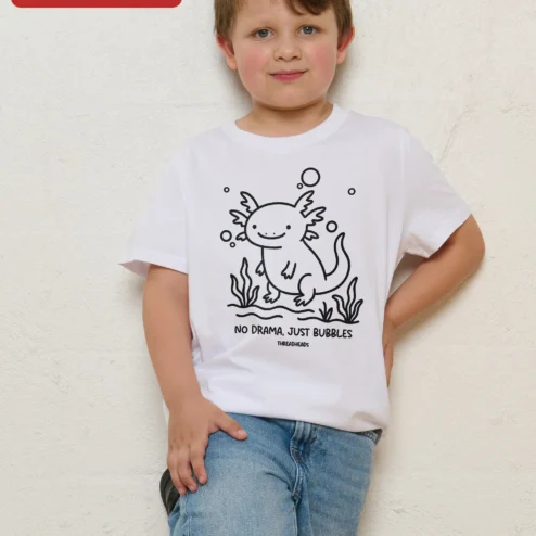 Close-up of No Drama Just Bubbles Axolotl Graphic Tee Cute Bubble Tea Lover Gift for streetwear fans in Chicago, Illinois