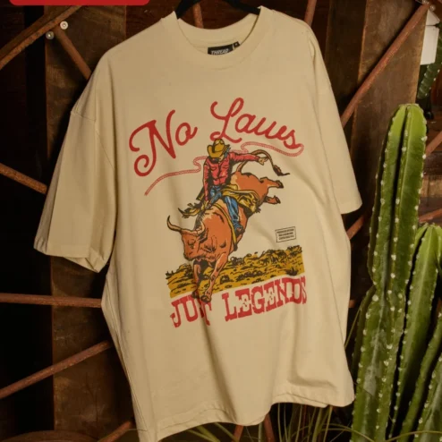 Close-up of No Laws Just Legends Vintage Western Cowboy Rodeo Graphic Tee for streetwear fans in Chicago, Illinois