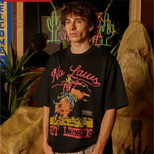 Close-up of No Laws Just Legends Vintage Western Cowboy Rodeo Graphic Tee for streetwear fans in Chicago, Illinois