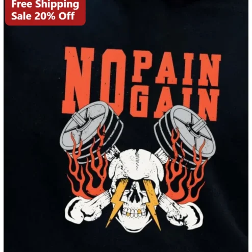 No Pain No Gain Gym Motivation Tee Skull Flaming Dumbbell Workout Shirt for Men Women