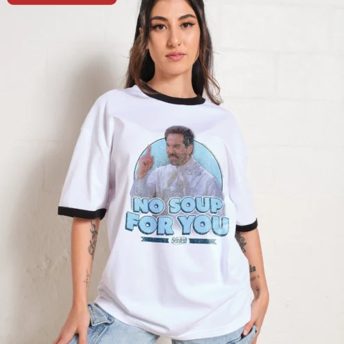Customer in Chicago, Illinois wearing No Soup For You Tee Seinfeld Quote Graphic Shirt for Sitcom Fans