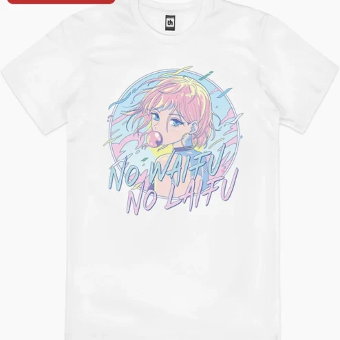 Close-up of No Waifu No Laifu Anime Meme Tee Funny Otaku Gift Shirt for streetwear fans in Chicago, Illinois