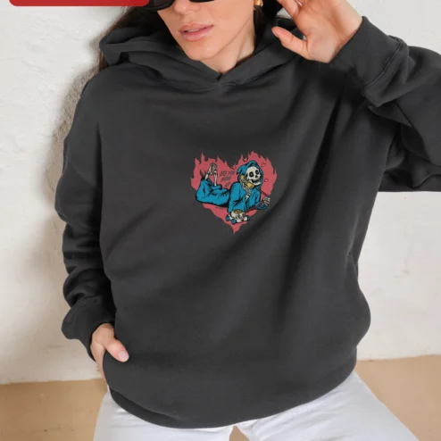 No You Hang Up Hoodie Dark Romance A.J. Merlin Inspired Skeleton Phone Call Graphic Apparel on a hanger, ready to ship from Chicago, Illinois