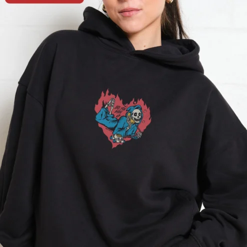 Close-up of No You Hang Up Hoodie Dark Romance A.J. Merlin Inspired Skeleton Phone Call Graphic Apparel for streetwear fans in Chicago, Illinois