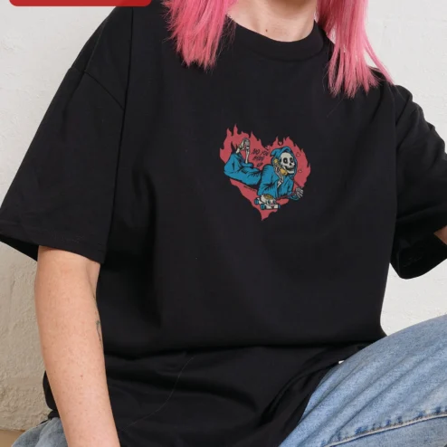 No You Hang Up Skeleton Phone Graphic Tee Dark Romance Halloween Gift on a hanger, ready to ship from Chicago, Illinois