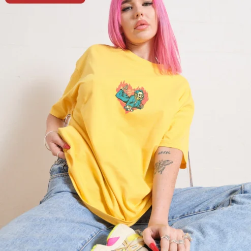 Close-up of No You Hang Up Skeleton Phone Graphic Tee Dark Romance Halloween Gift for streetwear fans in Chicago, Illinois