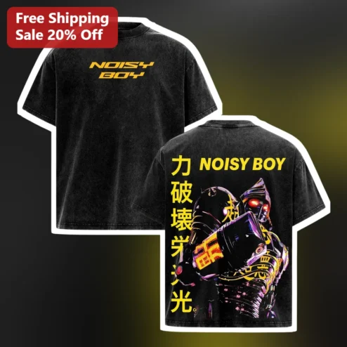 Noisy Boy Real Steel Robot Graphic Tee Cyberpunk Acid Wash Streetwear Shirt