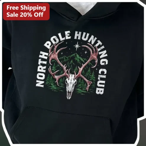 North Pole Hunting Club Hoodie Funny Christmas Deer Skull Graphic Sweatshirt for Hunters