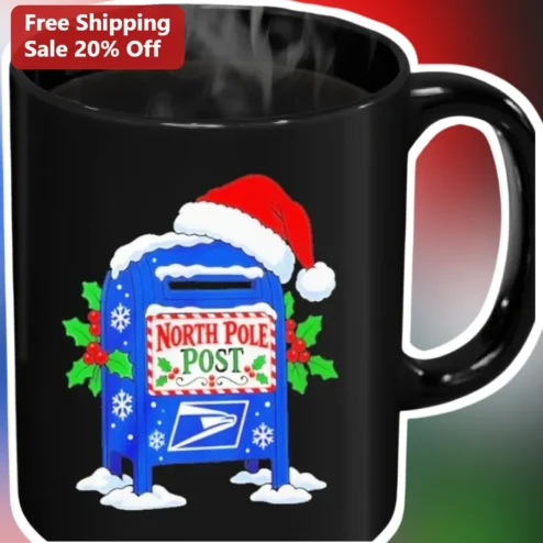 North Pole Post Mug Christmas Mailbox Design Holiday Coffee Cup Gift for Postal Workers