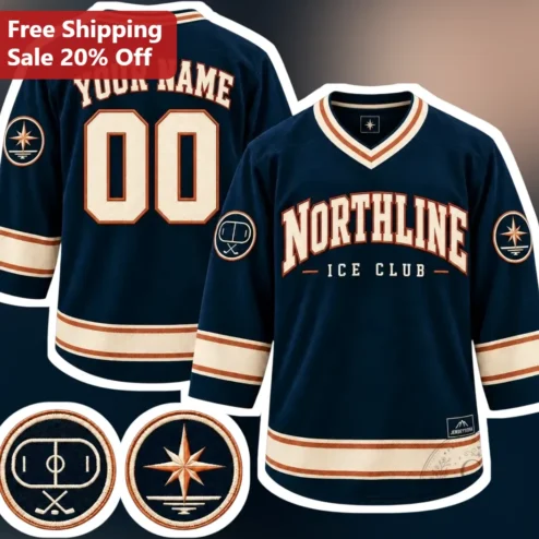 NORTHLINE ICE CLUB Hockey Jersey Custom Team Uniform Retro Navy Cream Copper
