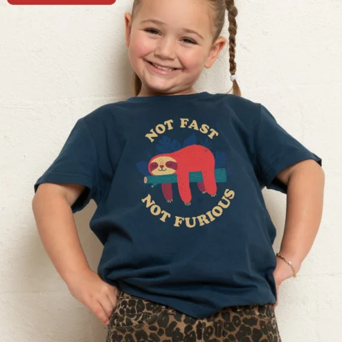 Not Fast Not Furious Sloth Graphic Tee for Kids Funny Animal Lover Gift on a hanger, ready to ship from Chicago, Illinois