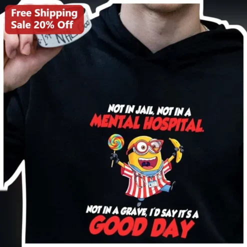 NOT IN JAIL NOT IN A MENTAL HOSPITAL Minion Hoodie Funny Dark Humor Graphic Sweatshirt available at our Chicago, Illinois warehouse