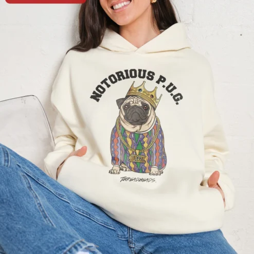 Notorious P.U.G. Hoodie The Notorious B.I.G. Parody Hip Hop Pug Dog Lover Gift Unisex Black Pullover on a hanger, ready to ship from Chicago, Illinois