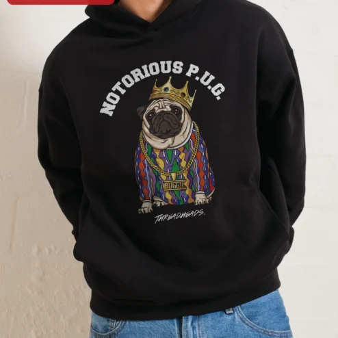 Customer in Chicago, Illinois wearing Notorious P.U.G. Hoodie The Notorious B.I.G. Parody Hip Hop Pug Dog Lover Gift Unisex Black Pullover