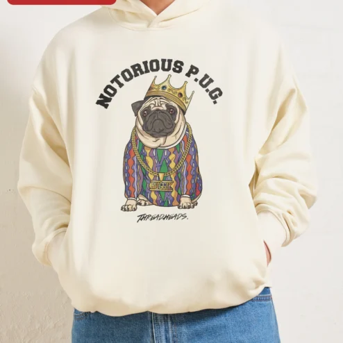 Close-up of Notorious P.U.G. Hoodie The Notorious B.I.G. Parody Hip Hop Pug Dog Lover Gift Unisex Black Pullover for streetwear fans in Chicago, Illinois