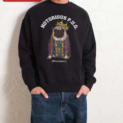 Customer in Chicago, Illinois wearing Notorious P.U.G. Sweatshirt Funny Hip Hop Pug Dog Lover Gift Crewneck
