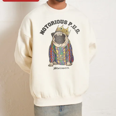 Close-up of Notorious P.U.G. Sweatshirt Funny Hip Hop Pug Dog Lover Gift Crewneck for streetwear fans in Chicago, Illinois
