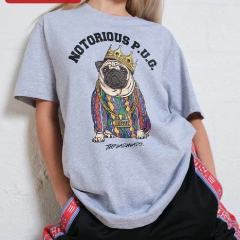 NOTORIOUS P.U.G. Tee The Notorious B.I.G. Parody Hip Hop Dog Lover Gift Black Cotton Shirt on a hanger, ready to ship from Chicago, Illinois