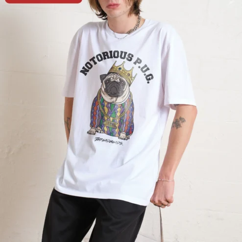 Close-up of NOTORIOUS P.U.G. Tee The Notorious B.I.G. Parody Hip Hop Dog Lover Gift Black Cotton Shirt for streetwear fans in Chicago, Illinois