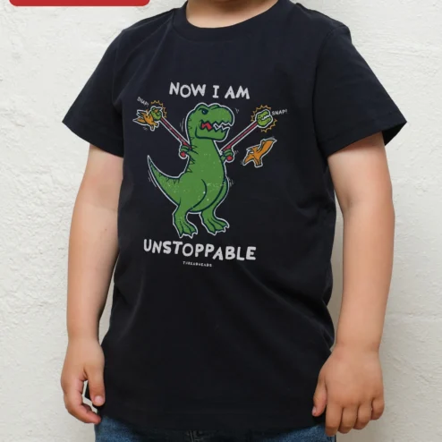 Customer in Chicago, Illinois wearing Now I Am Unstoppable Dinosaur Kids Tee Funny T-Rex Graphic Shirt for Boys Girls