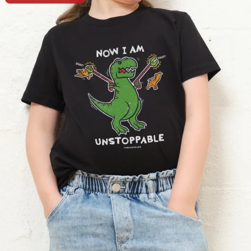 Now I Am Unstoppable Dinosaur Kids Tee Funny T-Rex Graphic Shirt for Boys Girls