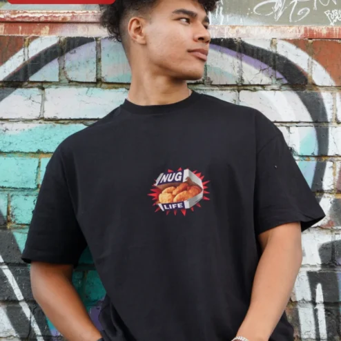Nug Life Tee Funny Chicken Nugget Pop Art Graphic T-Shirt Retro Streetwear Gift for Men on a hanger, ready to ship from Chicago, Illinois
