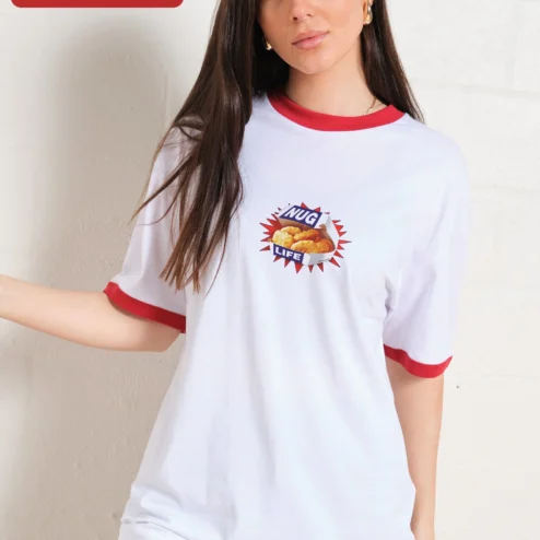 Customer in Chicago, Illinois wearing Nug Life Tee Funny Chicken Nugget Pop Art Graphic T-Shirt Retro Streetwear Gift for Men