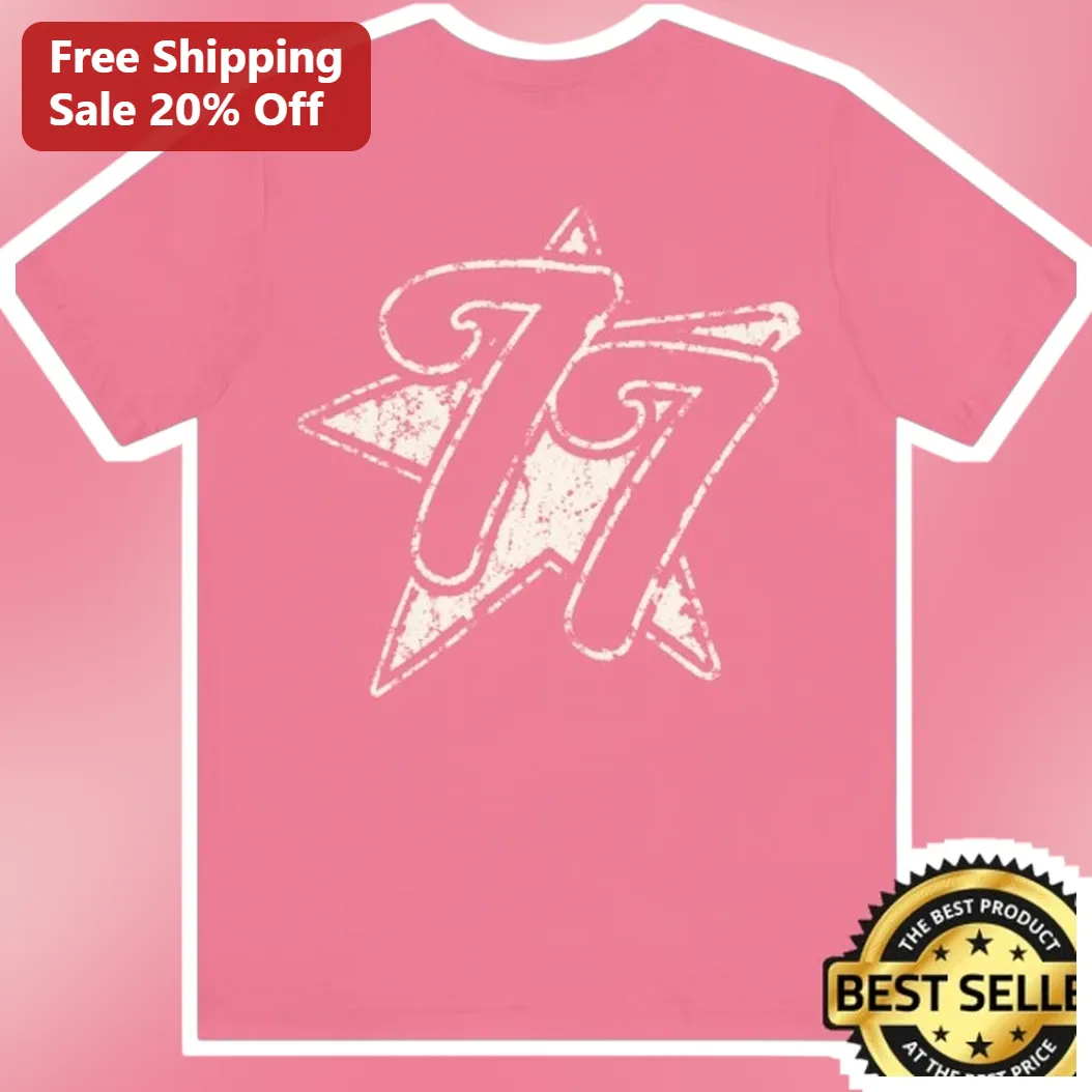 Number 17 Star Graphic Tee Distressed Varsity Style Pink Shirt for Athletes and Sports Fans