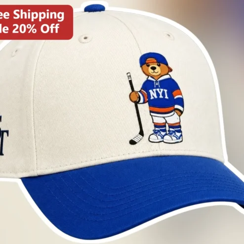 NYI Hockey Bear Embroidered Cap Custom Name Personalized Gift for Youth Players