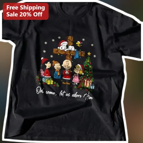 O Come Let Us Adore Him Snoopy Christmas Tee Christian Holiday Gift