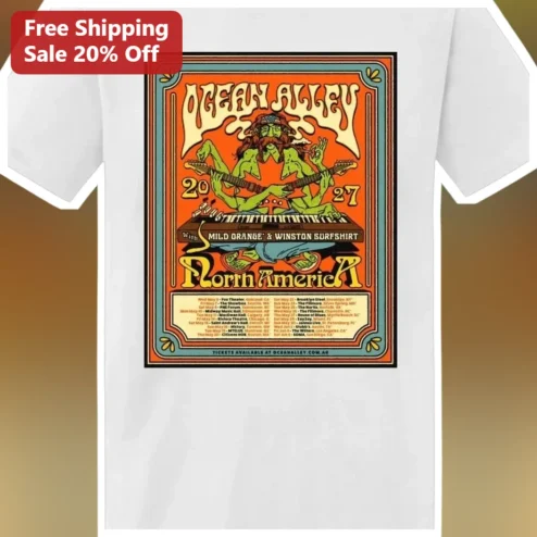 Ocean Alley North America Tour Graphic Tee Retro Psychedelic Band Merch available at our Chicago, Illinois warehouse