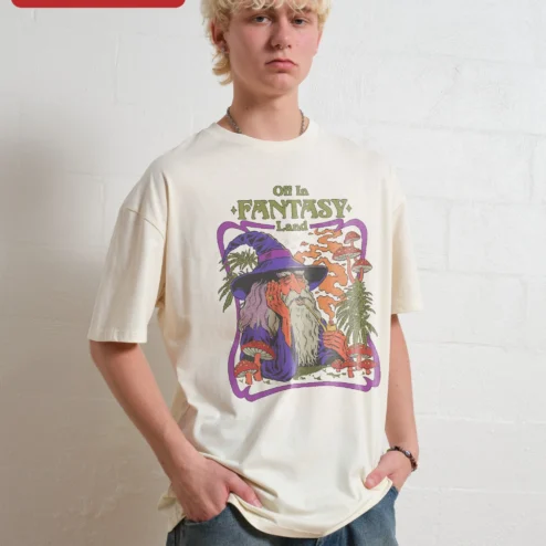 Off In Fantasy Land Psychedelic Wizard Graphic Tee Stoner Mage Shirt on a hanger, ready to ship from Chicago, Illinois