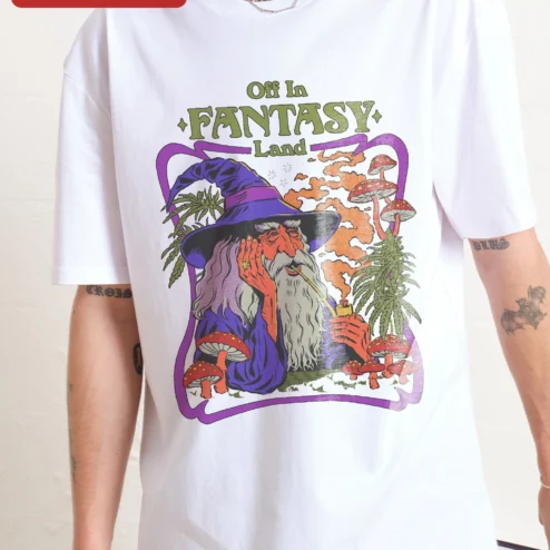Customer in Chicago, Illinois wearing Off In Fantasy Land Psychedelic Wizard Graphic Tee Stoner Mage Shirt