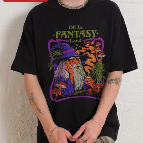 Off In Fantasy Land Psychedelic Wizard Graphic Tee Stoner Mage Shirt