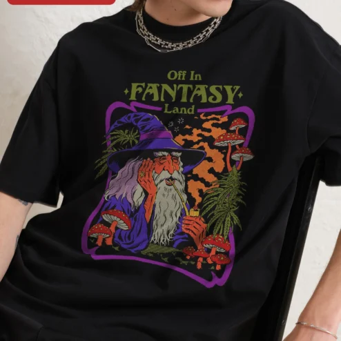 Off In Fantasy Land Psychedelic Wizard Tee Retro Groovy Mushroom Graphic Shirt for D&D Players and S on a hanger, ready to ship from Chicago, Illinois