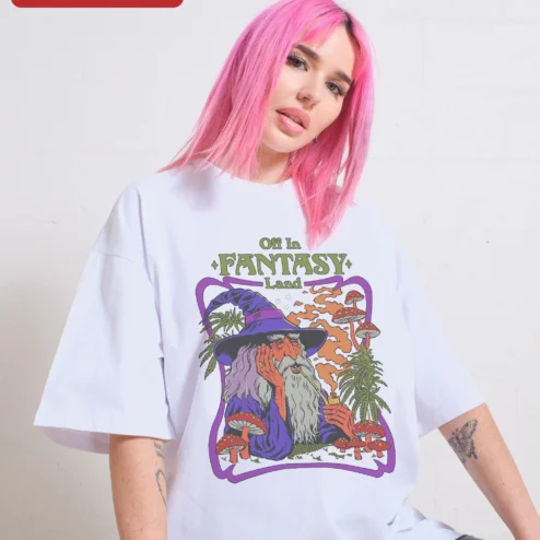 Customer in Chicago, Illinois wearing Off In Fantasy Land Psychedelic Wizard Tee Retro Groovy Mushroom Graphic Shirt for D&D Players and S