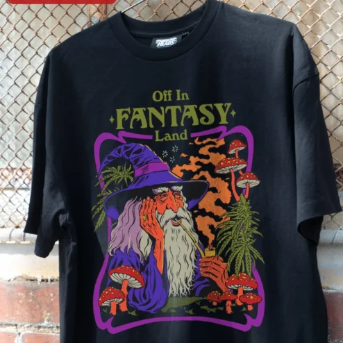 Off In Fantasy Land Psychedelic Wizard Tee Retro Groovy Mushroom Graphic Shirt for D&D Players and Stoners