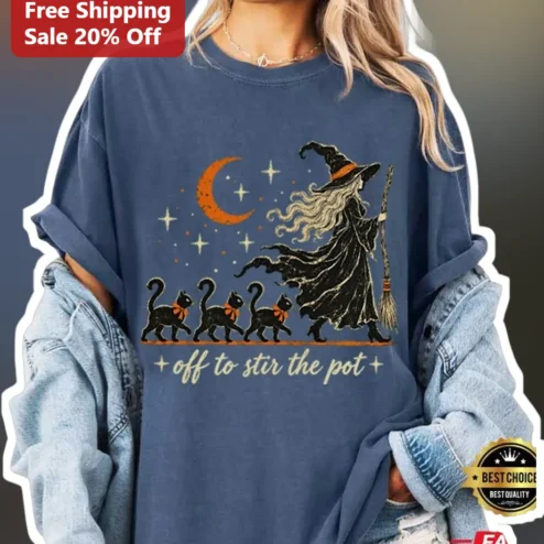 Off To Stir The Pot Tee Vintage Witch Halloween Graphic Shirt For Women