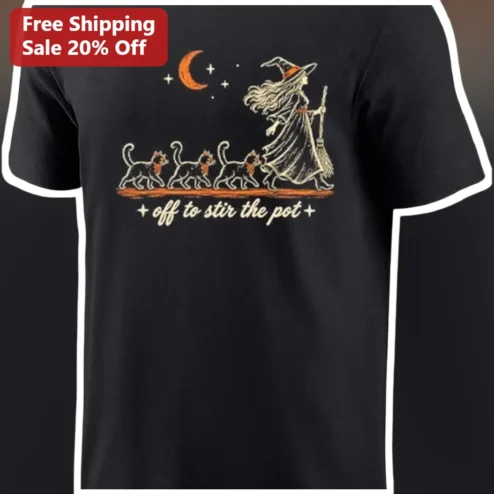 Off to Stir the Pot Witch and Black Cats Vintage Graphic Tee for Women Halloween Humor Shirt