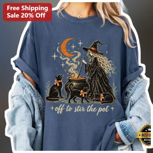 Off To Stir The Pot Witch Vintage Graphic Tee Halloween Black Cat Lover Gift