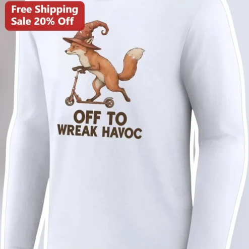 Off To Wreak Havoc Long Sleeve Tee Funny Wizard Fox Graphic Shirt For Book Lovers And Fantasy Fans