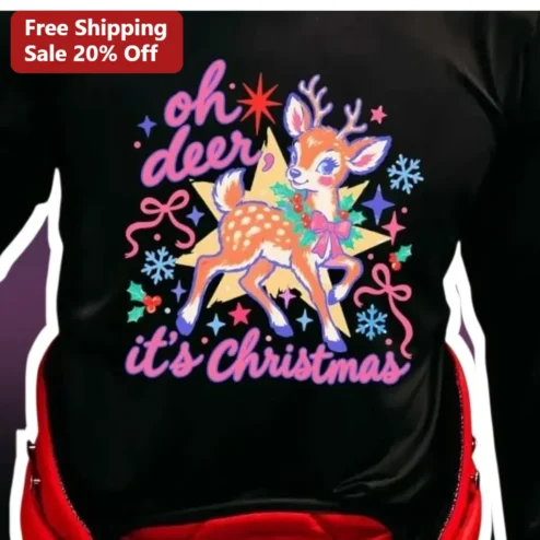 Oh Deer It's Christmas Tee Cute Retro Holiday Fawn Graphic Shirt for Women