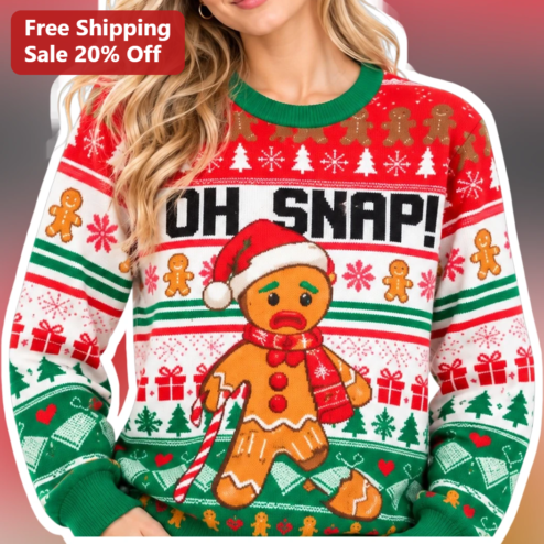 OH SNAP! Sweater Funny Broken Leg Gingerbread Man Ugly Christmas Holiday Knit Pullover Gift