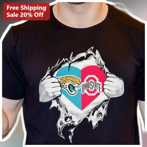 Ohio State Buckeyes Jaguars NFL NCAA Crossover Ripped Heart Graphic Tee Gameday Fan Gift