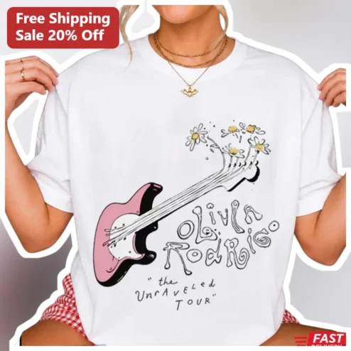 Olivia Rodrigo The Unraveled Tour Tee Guitar Daisy Graphic Pop Star Merch Shirt