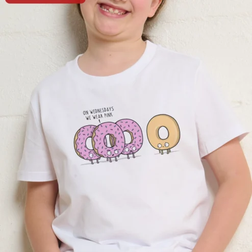 On Wednesdays We Wear Pink Cute Donut Graphic Tee for Girls Kids
