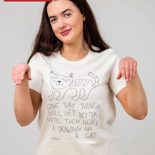Customer in Chicago, Illinois wearing One Day Things Will Get Better Cat Drawing Tee Hope Quote Comfort Gift