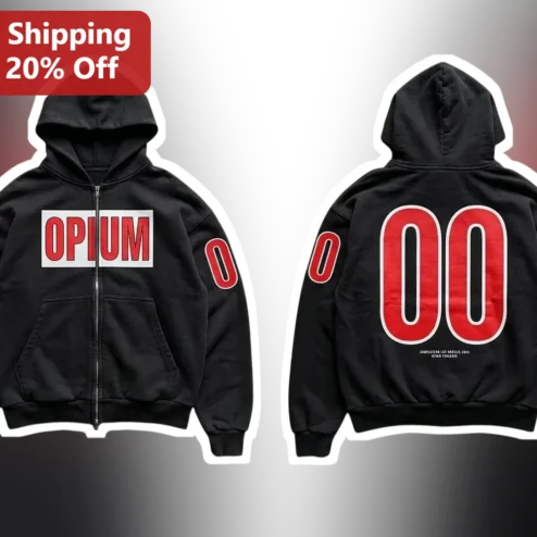 Opium Hoodie Zip Up Playboi Carti Style Streetwear Heavyweight Black Graphic Sweatshirt