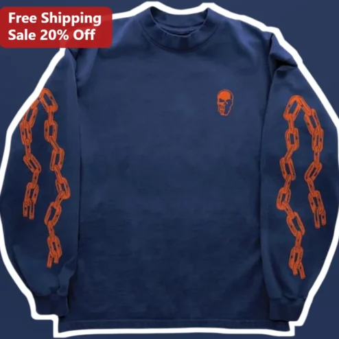 Orange Chains Sleeve Skull Sweatshirt Navy Blue Punk Streetwear Crewneck for Men Women Halloween Gift
